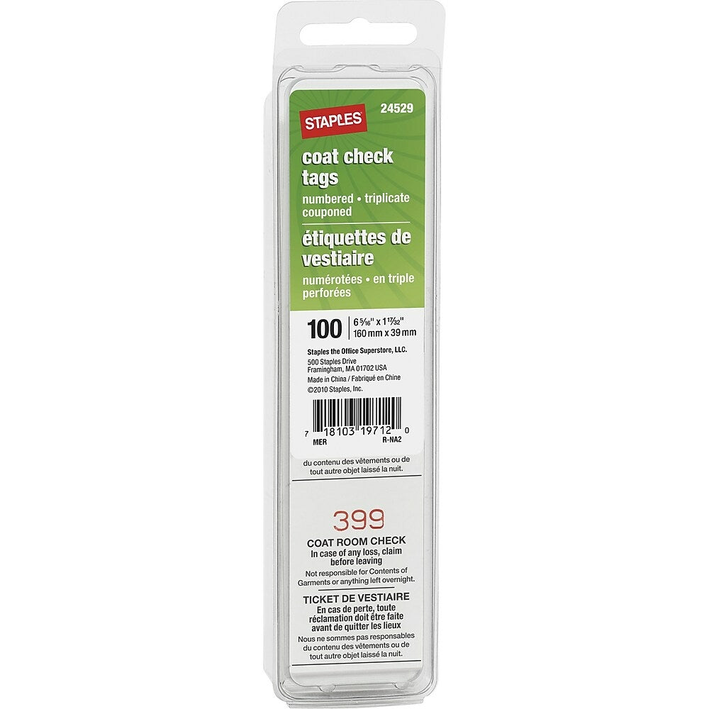 Image of Staples Coat Check Tags - 6-5/16" x 1-17/32" - 100 Pack