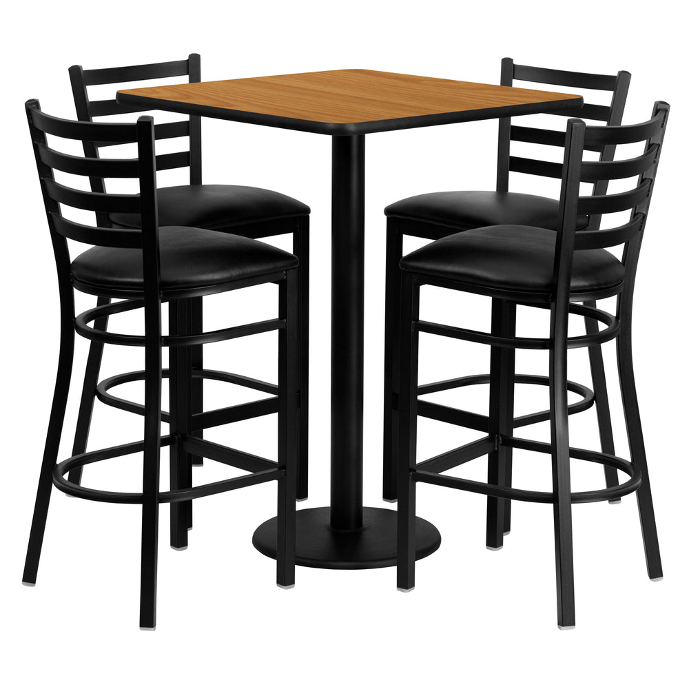 Image of Flash Furniture 30" Square Natural Laminate Table Set with Round Base and 4 Ladder Back Metal Bar Stools, Black Vinyl Seat