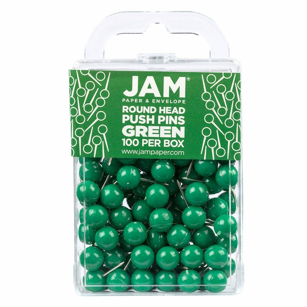 Image of JAM Paper Colorful Push Pins - Round Head Map Thumb Tacks - Green - 100 Pack