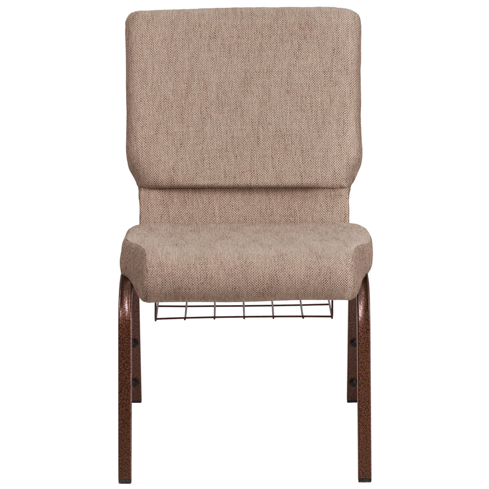 Image of Flash Furniture HERCULES Series 18.5"W Church Chair with Book Rack & Copper Vein Frame - Beige Fabric, Brown