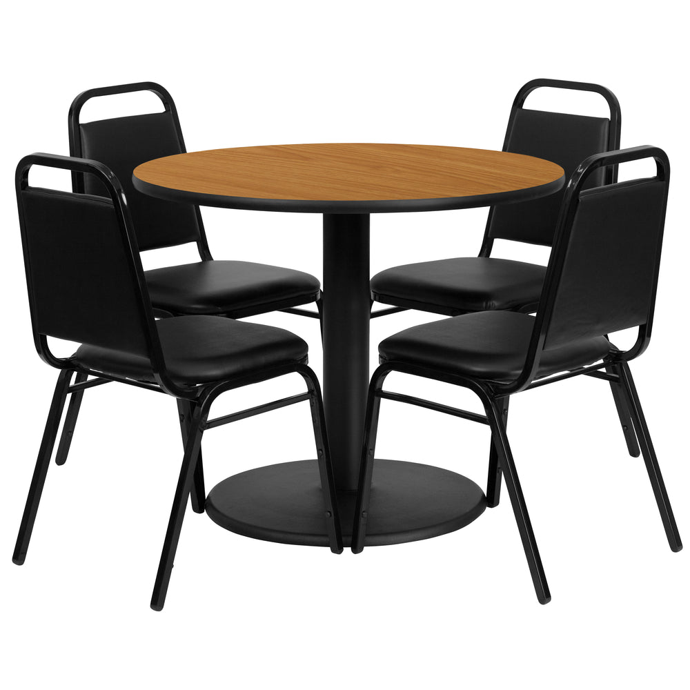 Image of Flash Furniture 36" Round Natural Laminate Table Set with Round Base & 4 Black Trapezoidal Back Banquet Chairs