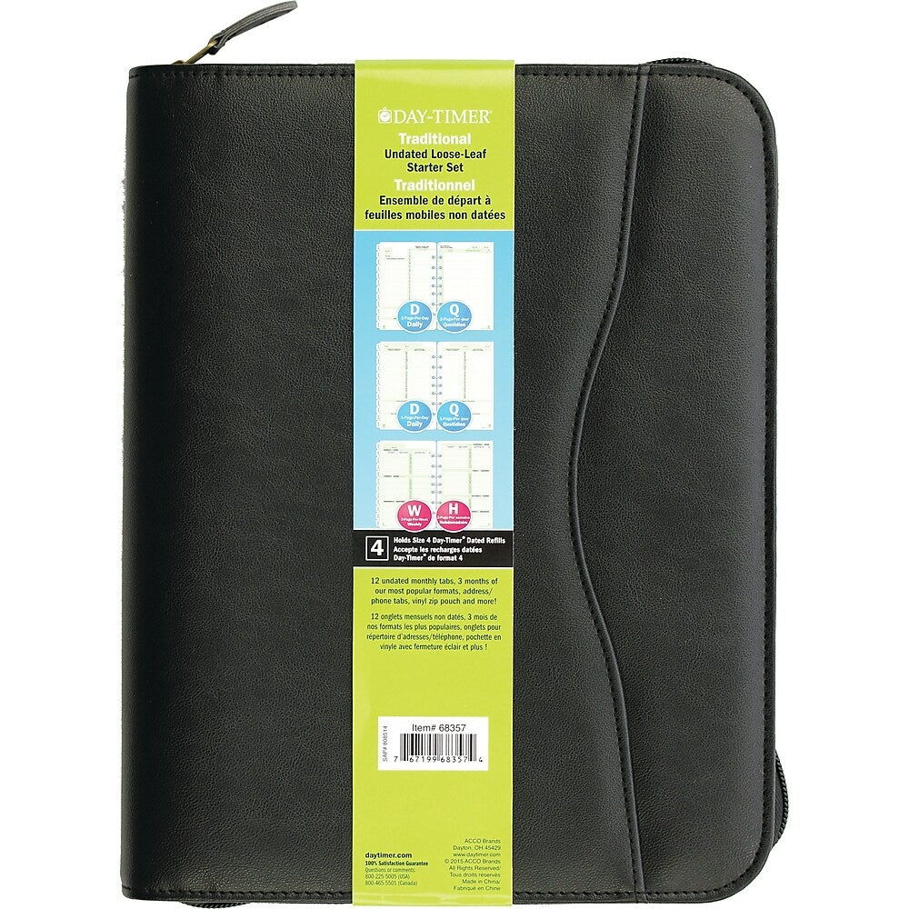 Image of Day-Timer Undated Avalon Leather-Like Vinyl Refillable Day Planner - Black - Desk - 5-1/2" x 8-1/2" - Bilingual