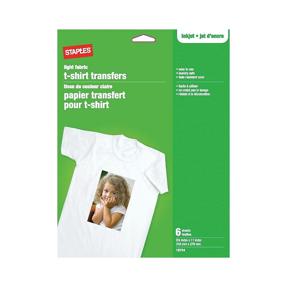 Image of Staples T-Shirt Transfers For Light Fabric - 8-1/2" x 11" - 6 Sheets