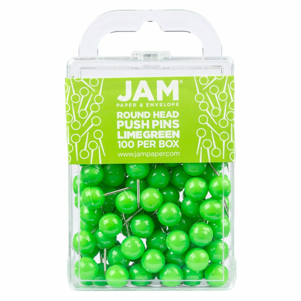 Image of JAM Paper Colorful Push Pins - Round Head Map Thumb Tacks - Lime Green - 100 Pack