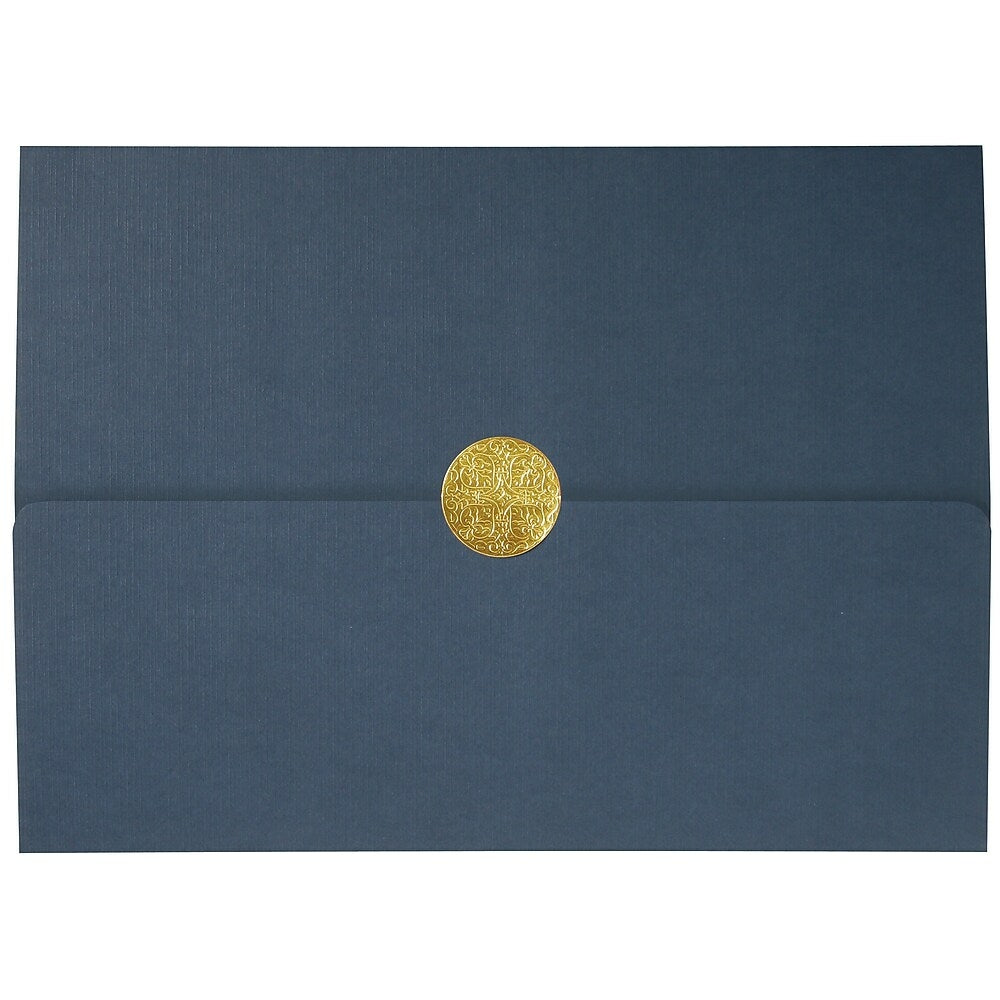 Image of St. James Elite Medallion Fold Certificate Holders, Linen, Navy Blue with Gold Medallion, 5 Pack