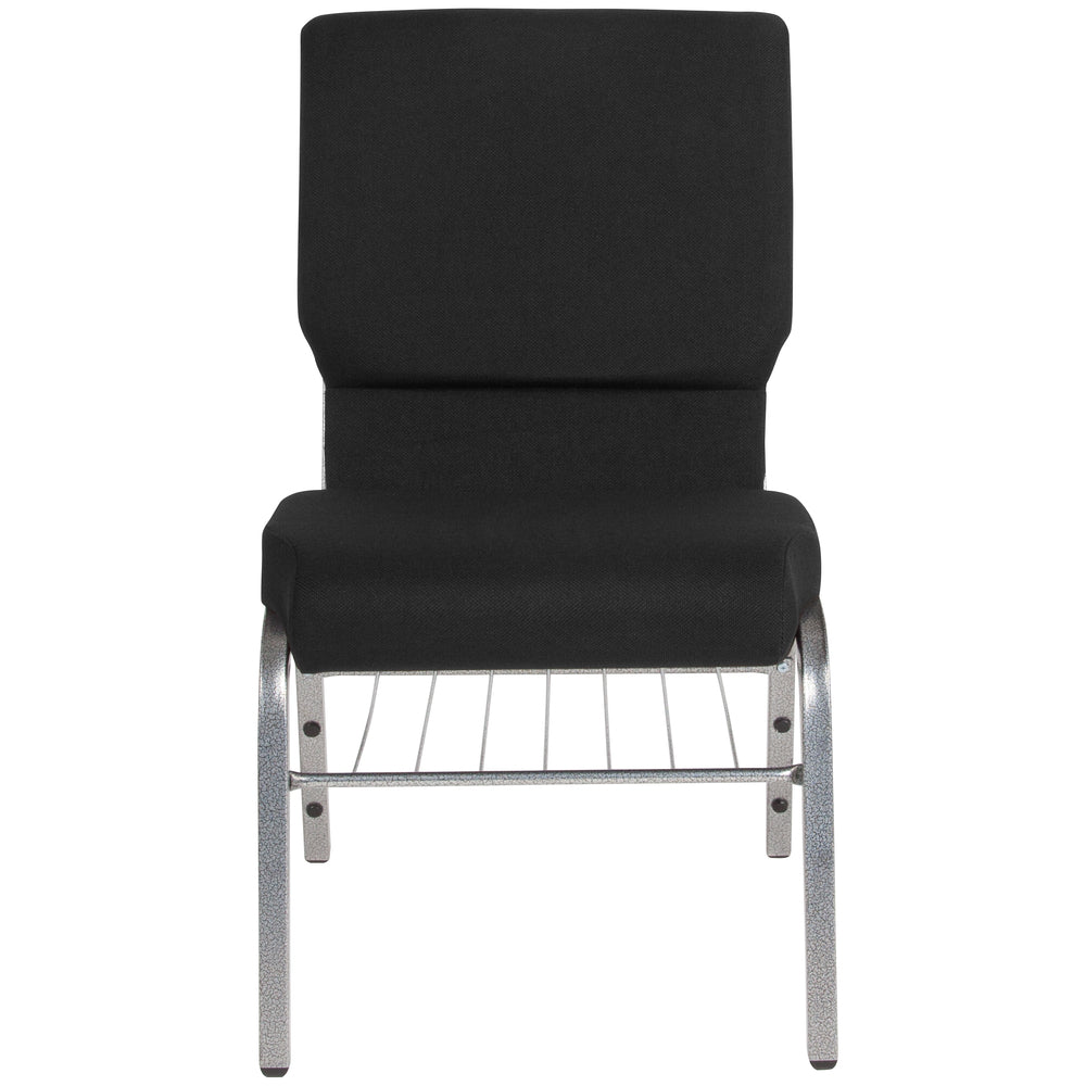 Image of Flash Furniture HERCULES Series 18.5"W Church Chair in Black Fabric with Book Rack - Silver Vein Frame