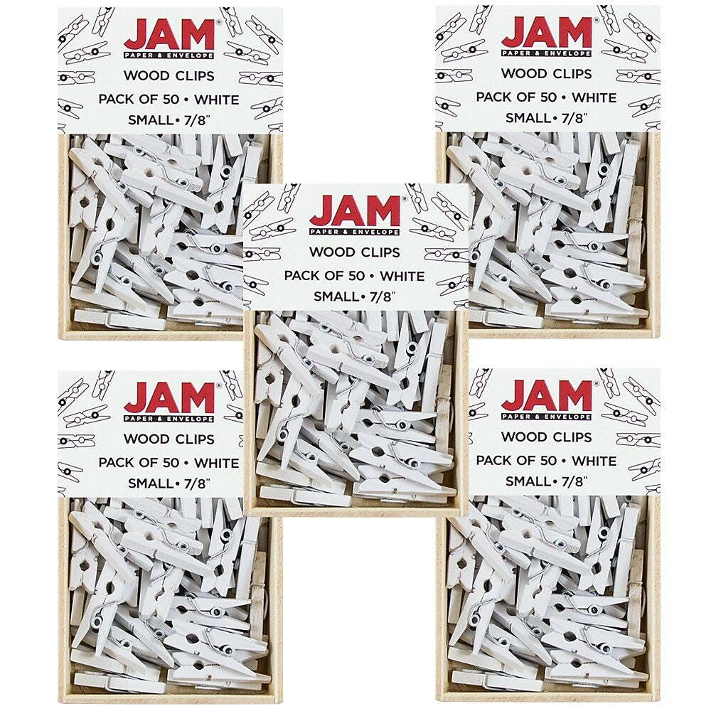 Image of JAM Paper Wood Clothing Pin Clips, Small 7/8, White, 5 packs of 50, 250 Total (2230717360g)