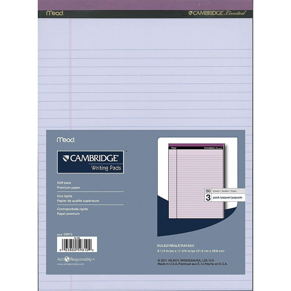 Image of Cambridge Perforated Pads, 8-1/2" x 11-3/4", Wide-Ruled, Orchid, 50 Sheets Per Pad, 3 Pack, Purple