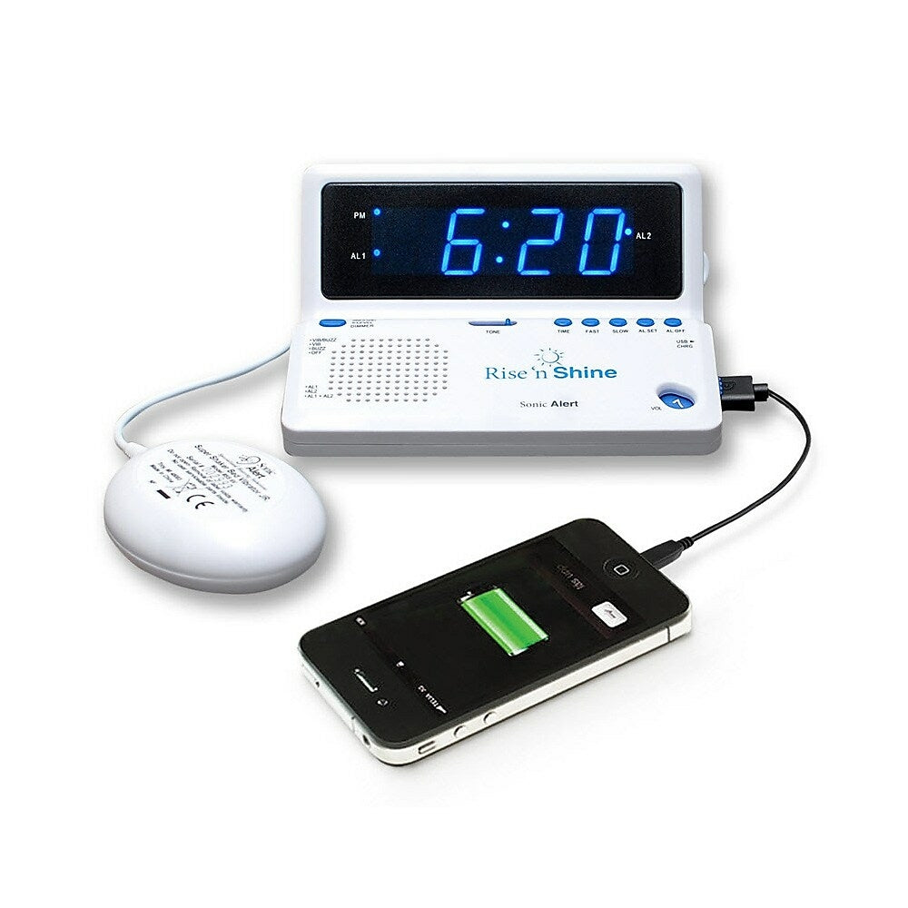 Image of Sonic Alert Rise 'n Shine Portable Dual Alarm Clock with Bed Shaker and USB Charging, White