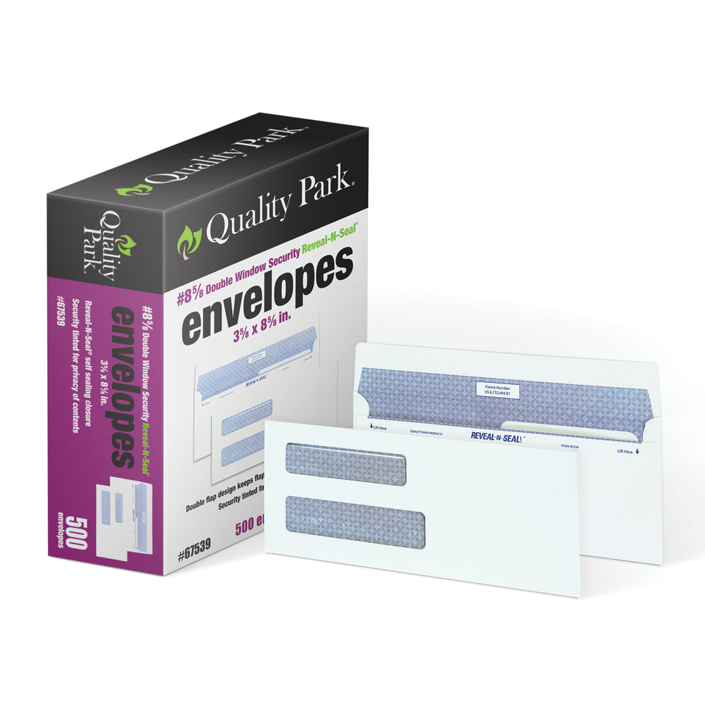 Image of Quality Park #8-5/8 White Double-Window Security Envelopes with Self Seal Closure - 500 Pack