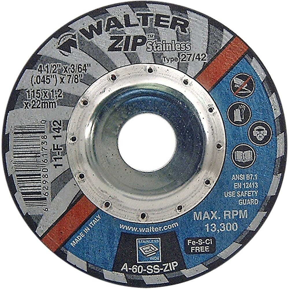 Image of Walter Surface Technologies Zip Stainless Right Angle Grinder Reinforced Cut-Off Wheels, 4-1/2" x 3/64", 7/8" Arbor - 12 Pack