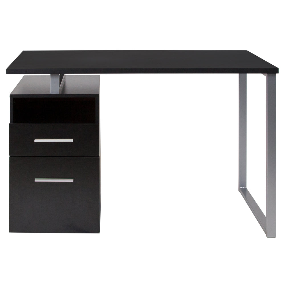 Image of Flash Furniture Harwood Dark Ash Wood Grain Finish Computer Desk with Two Drawers & Silver Metal Frame, Black