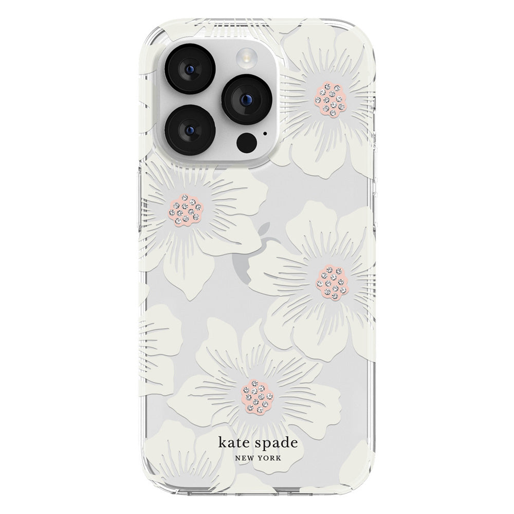 Kate Spade Protective Hardshell Case for iPhone 14 Pro Max - Hollyhock  Floral Clear/Cream with Stones 