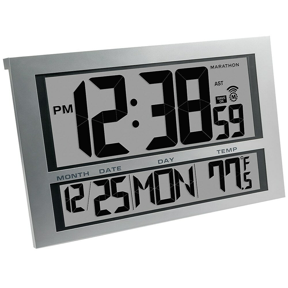 Image of Marathon Commercial Grade Jumbo Atomic Wall Clock with 6 Time Zones - Indoor Temperature & Date - Silver (CL030025SV), Grey