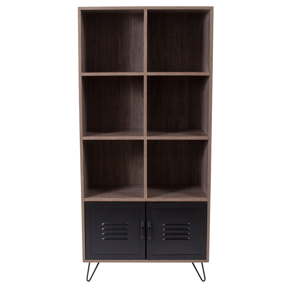 Image of Flash Furniture Woodridge Collection Rustic Wood Grain Finish Storage Shelf with Metal Cabinet Doors (NANJN21735BF)