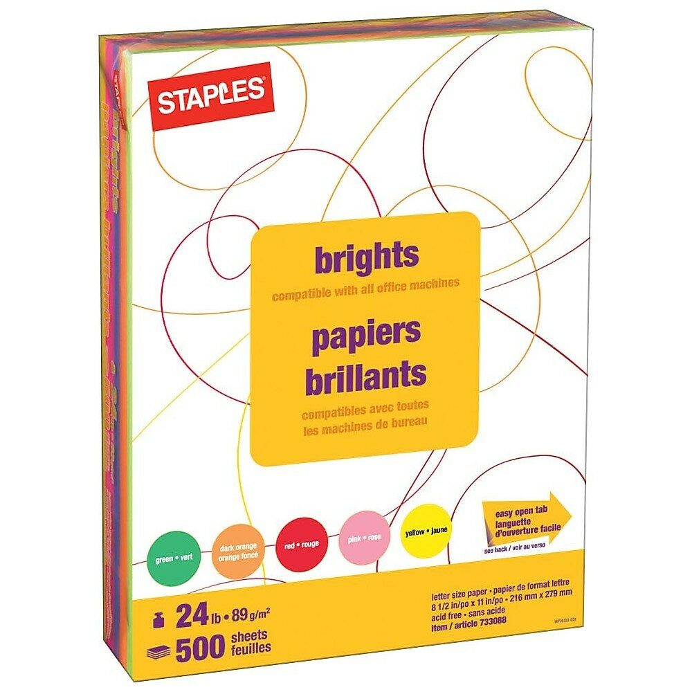 Image of Staples Fluorescent Coloured Copy Paper - Letter - 8-1/2" x 11" - Assorted Colours - Ream, 500 Pack