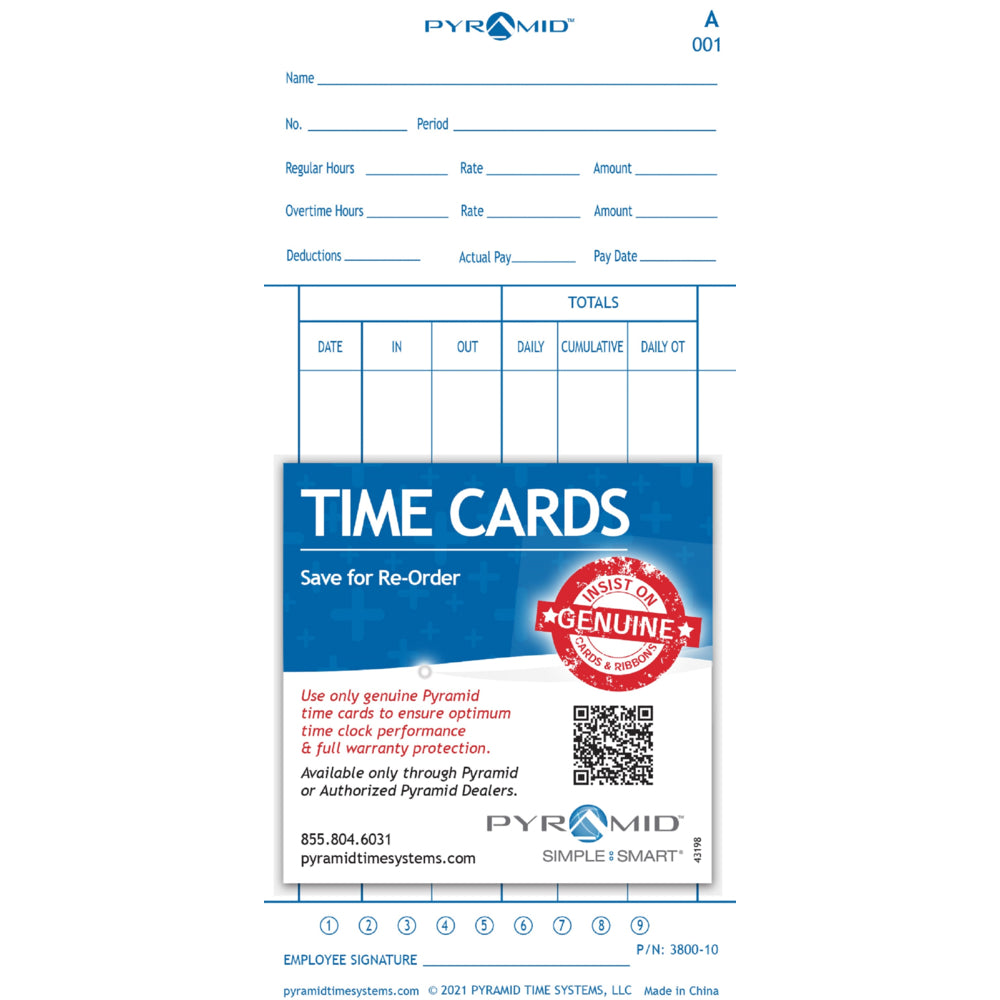Image of Pyramid Time Systems Pyramid Model 3800 Auto Totaling Time Clock Time Cards - 100 Pack, White