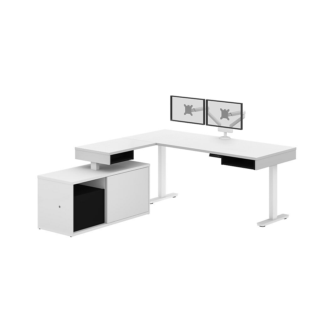 Image of Bestar Pro-Vega L-Shaped Standing Desk with Credenza and Dual Monitor Arm - White/Black