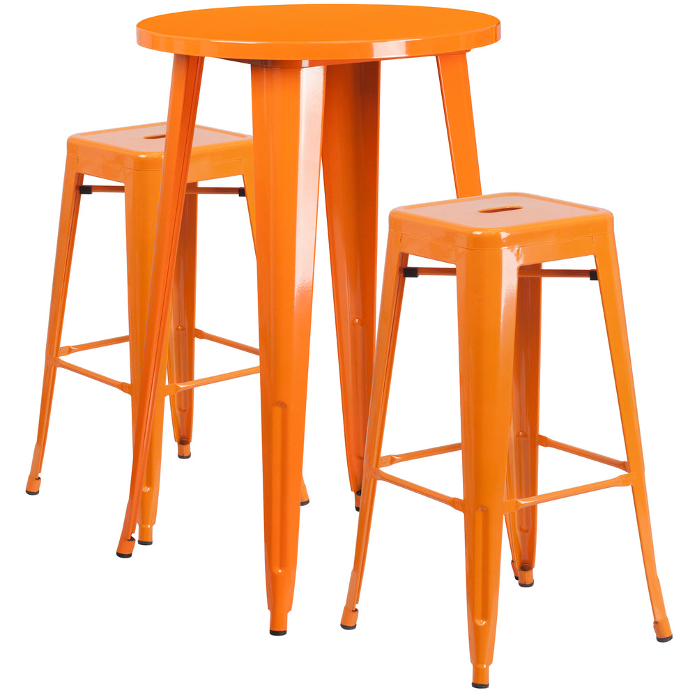 Image of 24" Round Orange Metal Indoor-Outdoor Bar Table Set with 2 Square Seat Backless Barstools (CH-51080BH-2-30SQST-OR-GG)