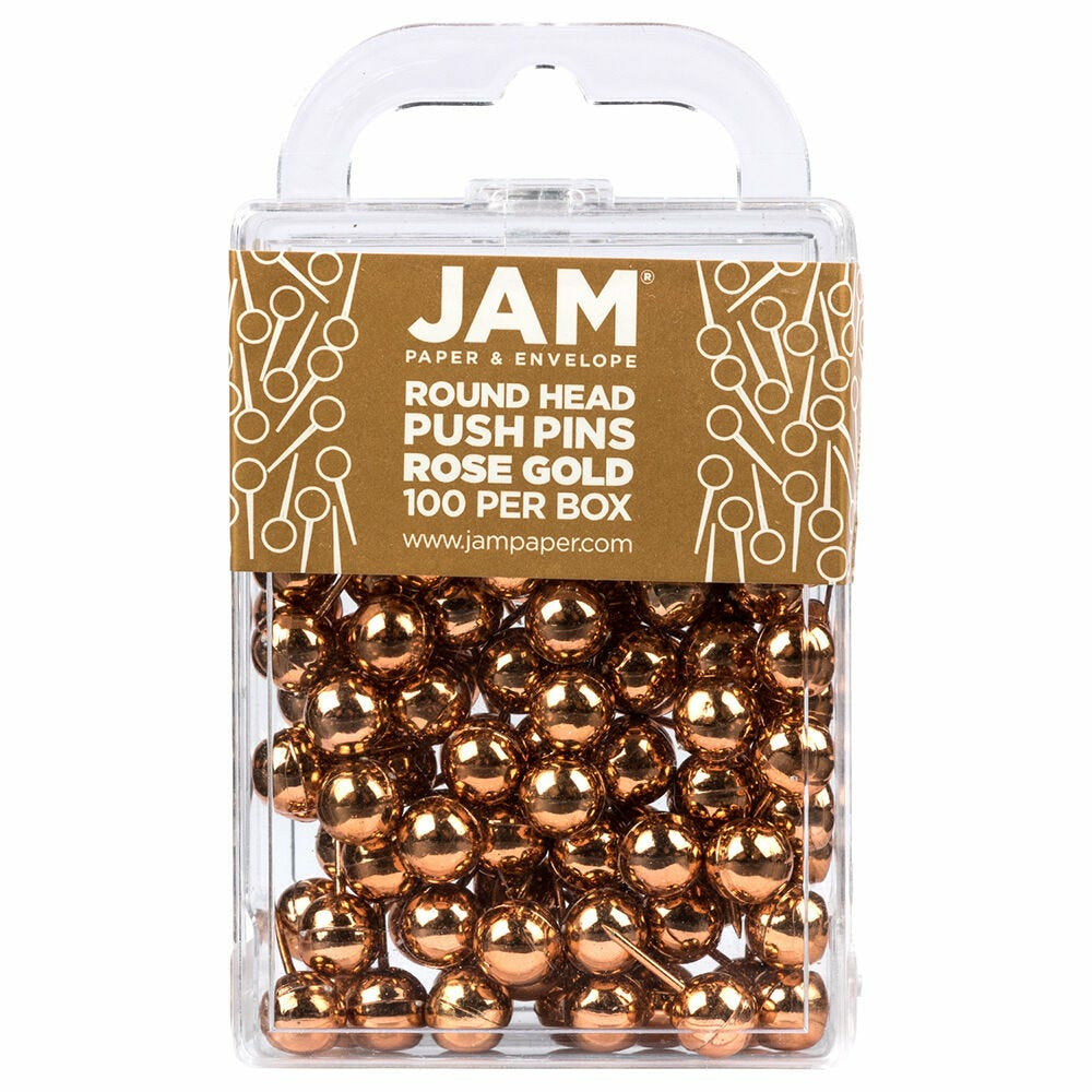 Image of JAM Paper Colorful Push Pins - Round Head Map Thumb Tacks - Rose Gold - 100 Pack