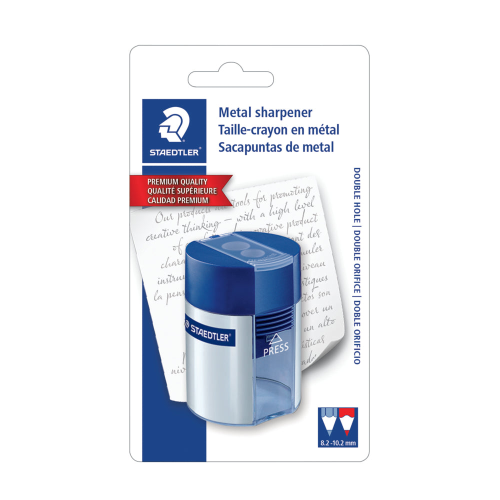Image of Staedtler Premium-Quality Metal Sharpener with Round Container - 2 Holes - Silver and Blue - 1 Pack