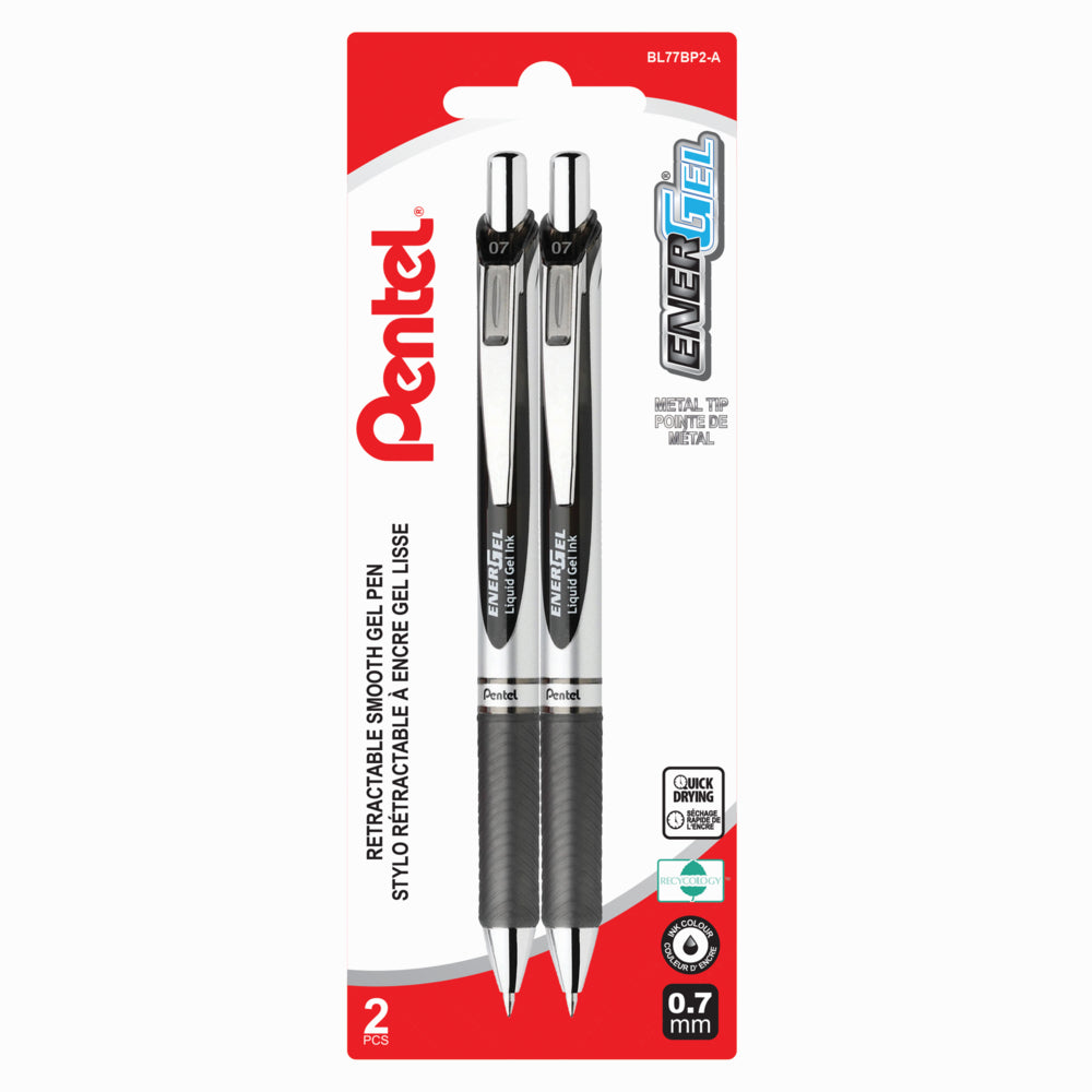 Image of Pentel EnerGel Liquid Gel Pens, Retractable, 0.7mm, Black, 2 Pack