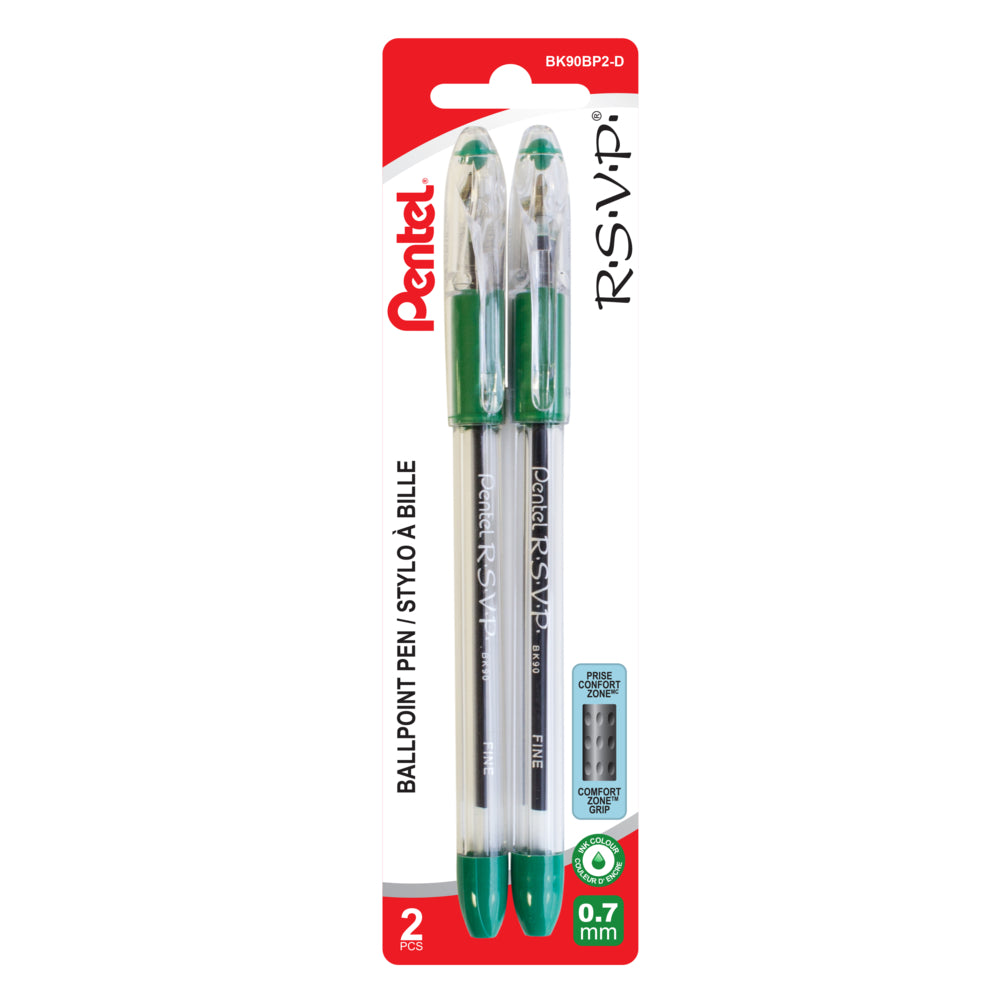 Image of Pentel R.S.V.P. Ballpoint Pen, Fine Tip, Green, 2 Pack, (BK90BP2-D)