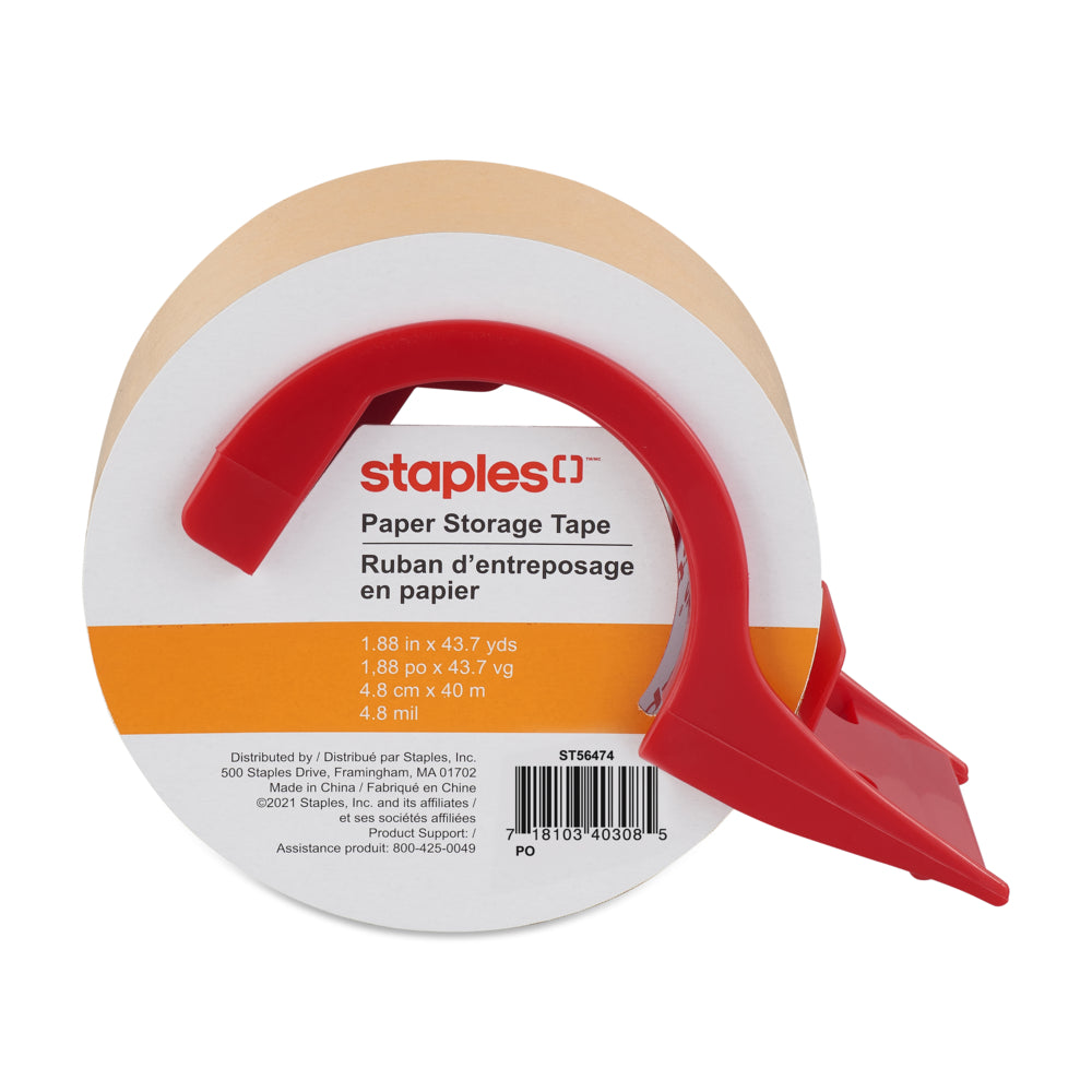 Image of Staples Kraft Paper Packing Tape with Dispenser, Red