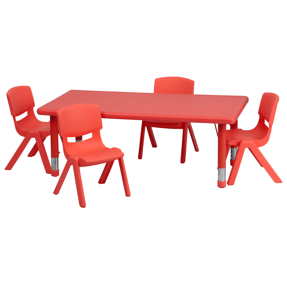 Image of Flash Furniture 24"W x 48"L Rectangular Plastic Height Adjustable Activity Table Set with 4 Chairs - Red