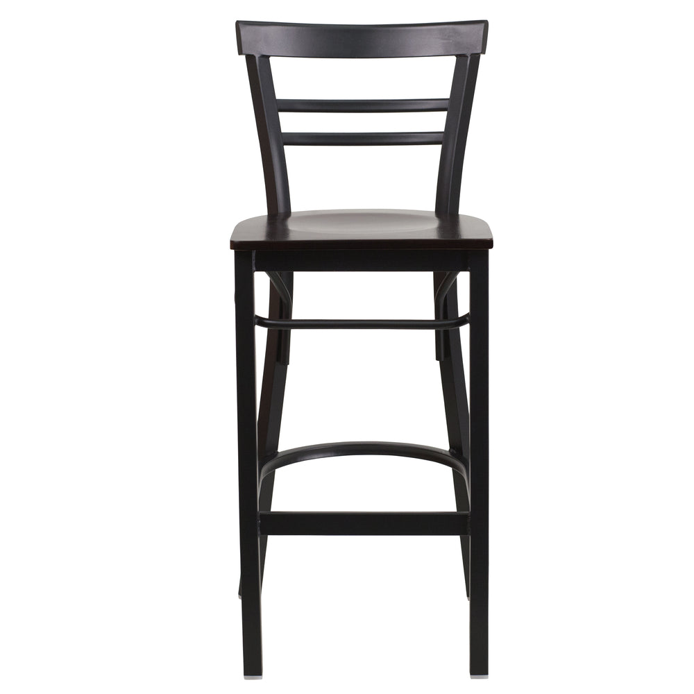 Image of Flash Furniture HERCULES Series Black Two-Slat Ladder Back Metal Restaurant Barstool - Walnut Wood Seat - 2 Pack