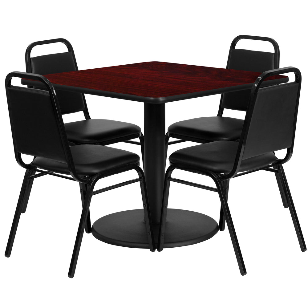 Image of Flash Furniture 36" Square Mahogany Laminate Table Set with Round Base and 4 Black Trapezoidal Back Banquet Chairs