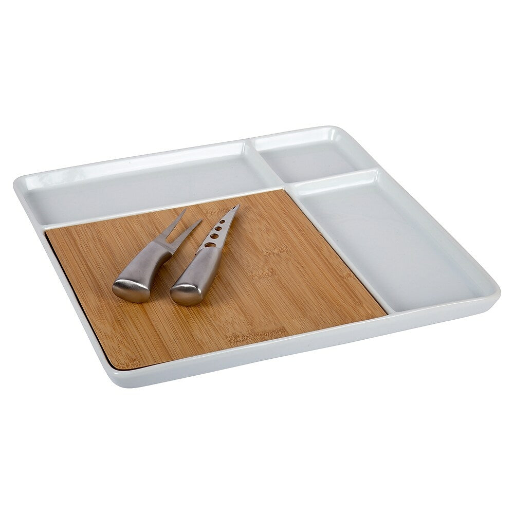 Image of Luciano Porcelain Platter with Bamboo Cutting Board and Knife Set, 13 inches, White