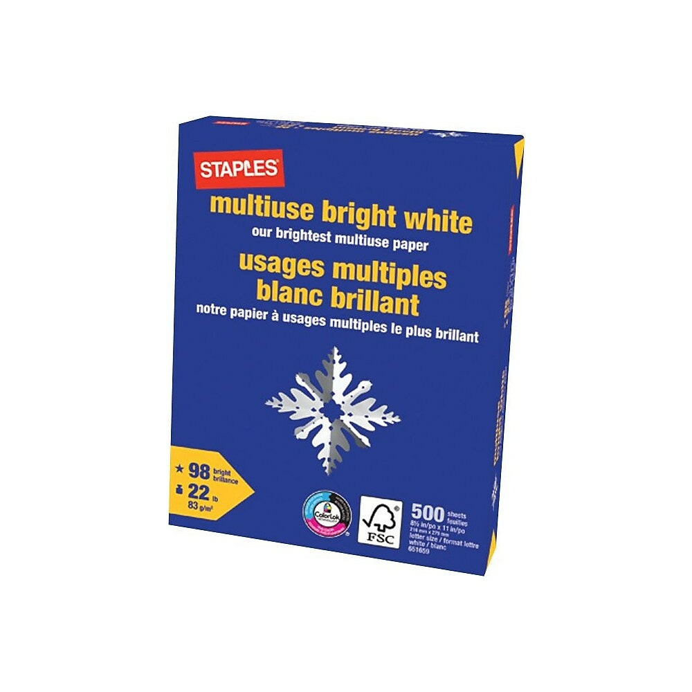 Image of Staples FSC-Certified Multiuse Bright White Paper - 22 lb. - 8.5" x 11" - White - 500 Sheets