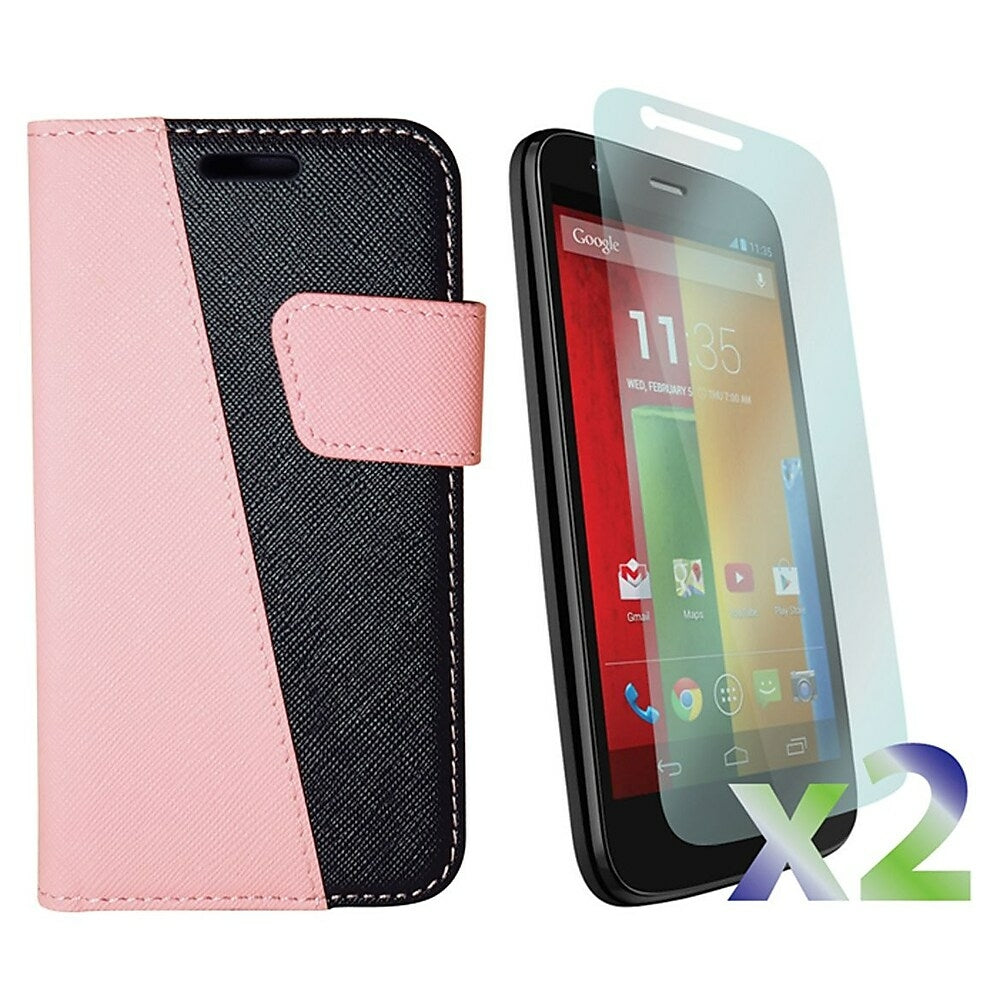Image of Exian MultiColour Wallet Case and Screen Guard Protectors (2 Pack) for Motorola Moto G - Pink/Black