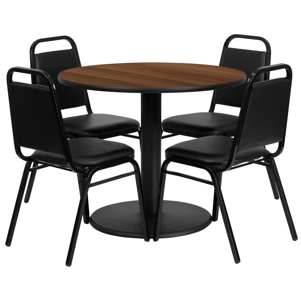 Image of Flash Furniture 36" Round Walnut Laminate Table Set with Round Base & 4 Black Trapezoidal Back Banquet Chairs