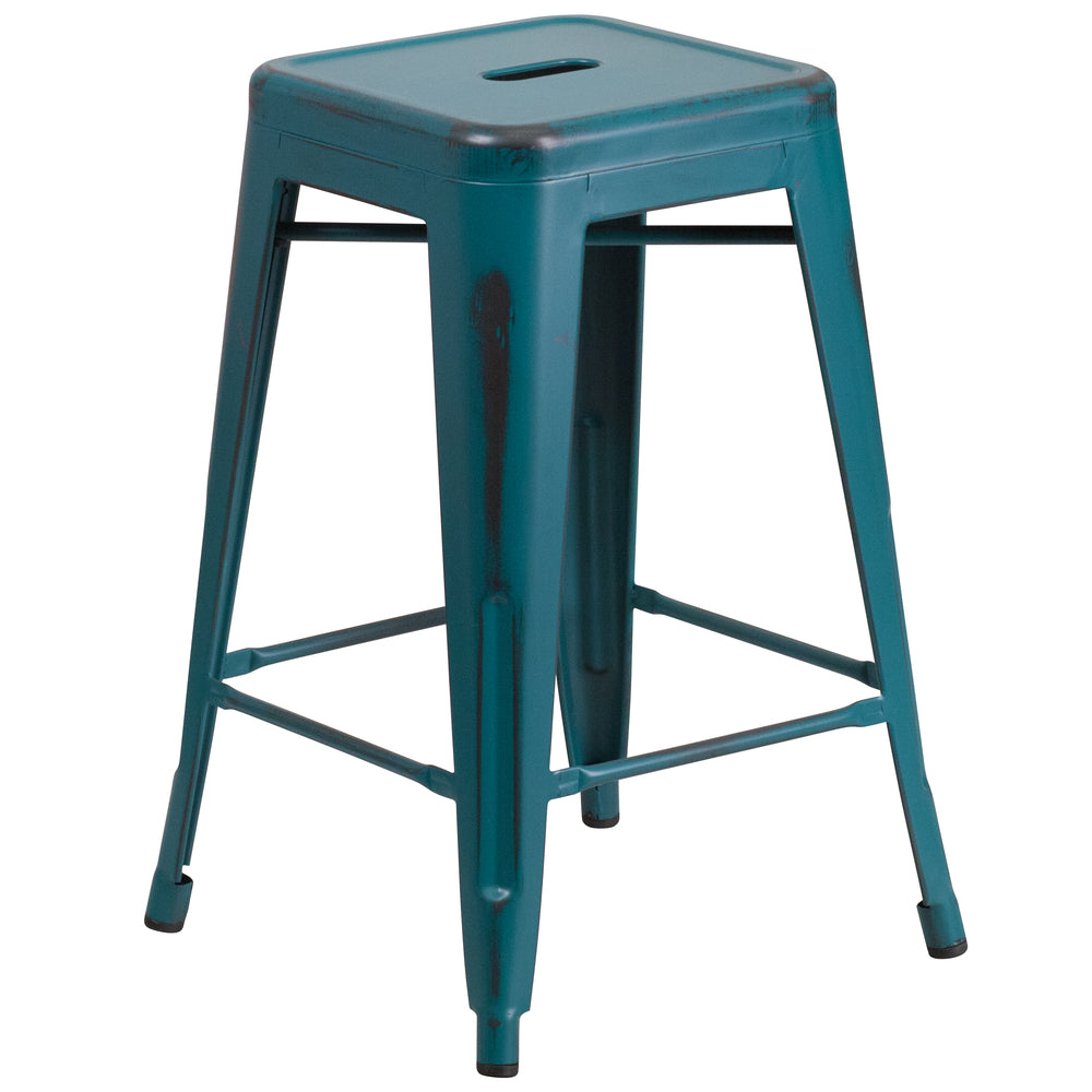 Image of Flash Furniture 24" High Backless Distressed Kelly Blue-Teal Metal Indoor-Outdoor Counter Height Stool