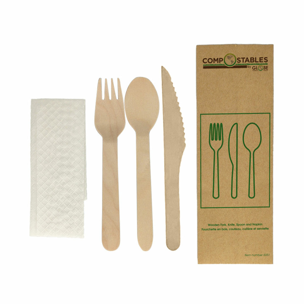 Image of Globe Commercial Products Compostable Wooden Cutlery - 6.5" Knife - Fork - Spoon and Napkin in Paper Bag - 500 Pack