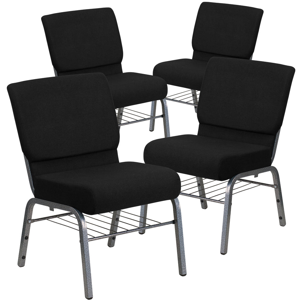 Image of Flash Furniture HERCULES 21"W Church Chair in Black Fabric with Book Rack - Silver Vein Frame