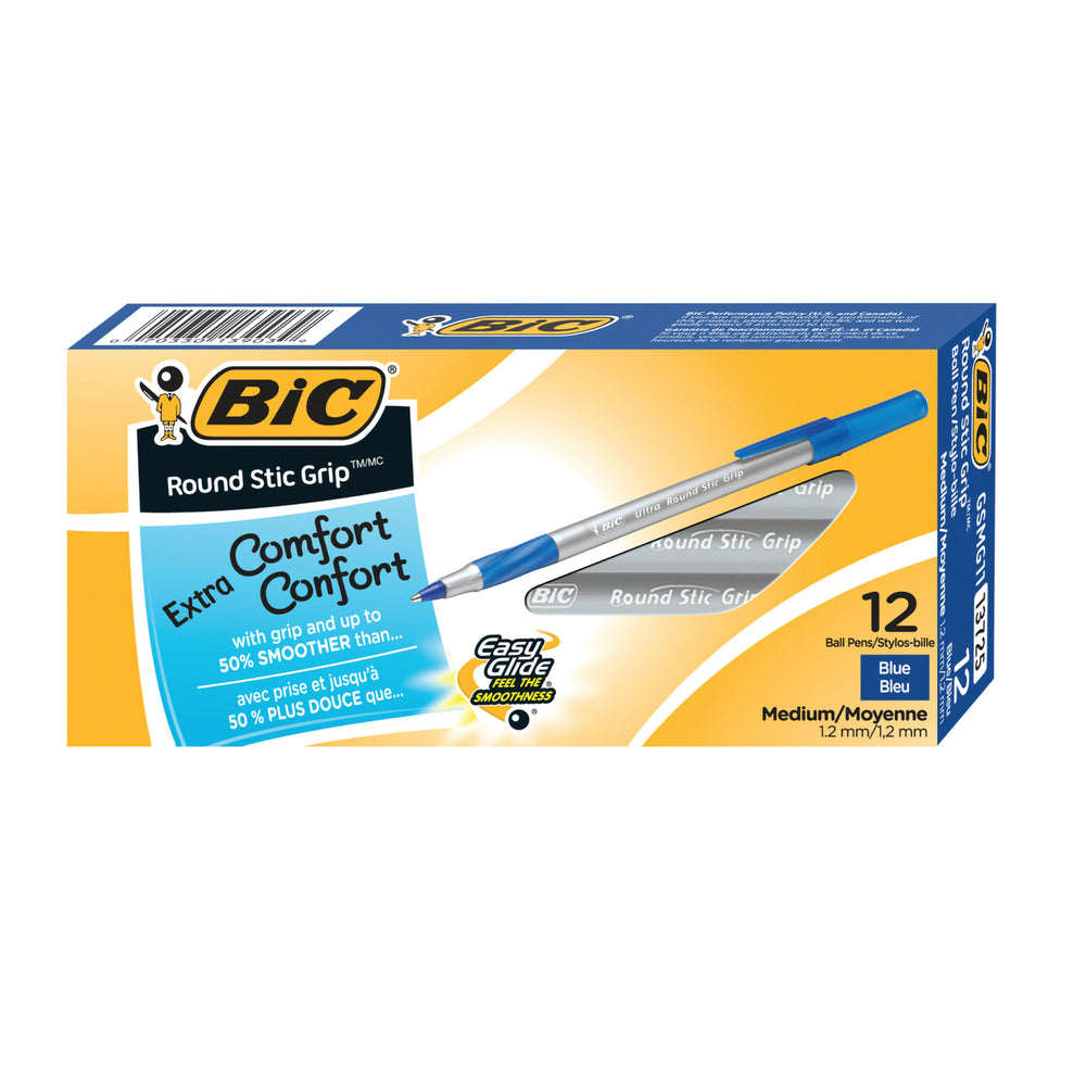 Image of BIC Ultra Round Stic Grip Ballpoint Stick Pens - 1.2mm - Blue - 12 Pack