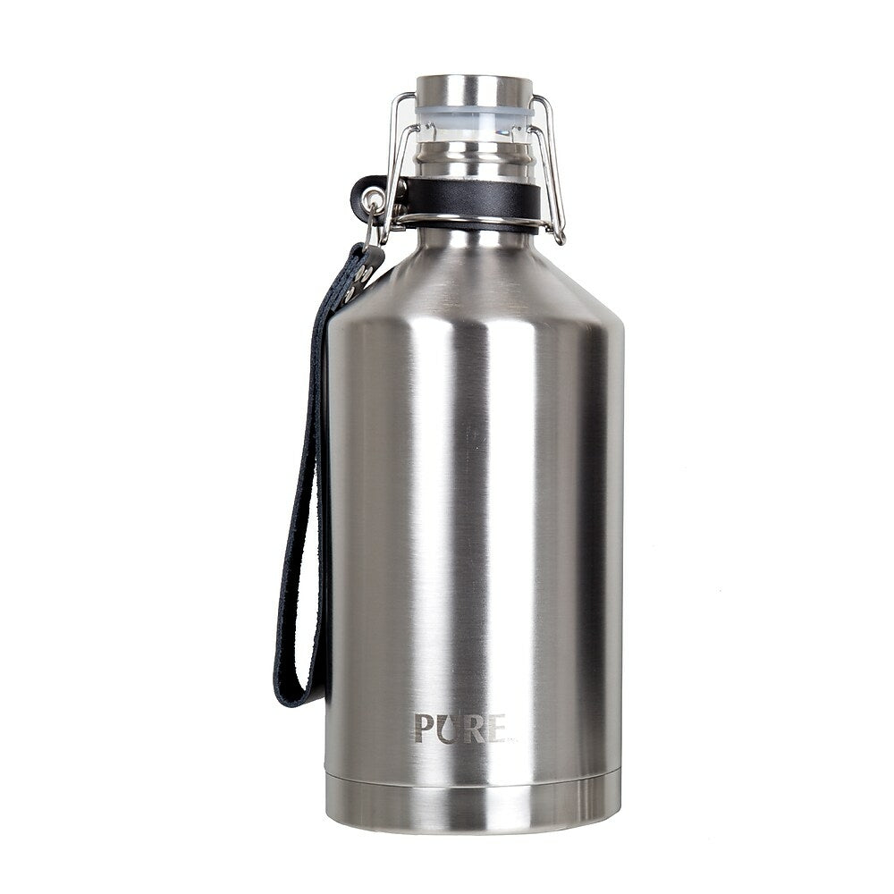 Image of PURE Drinkware Stainless Steel Beer Growler with Leather Strap, 64 oz., Silver, Grey