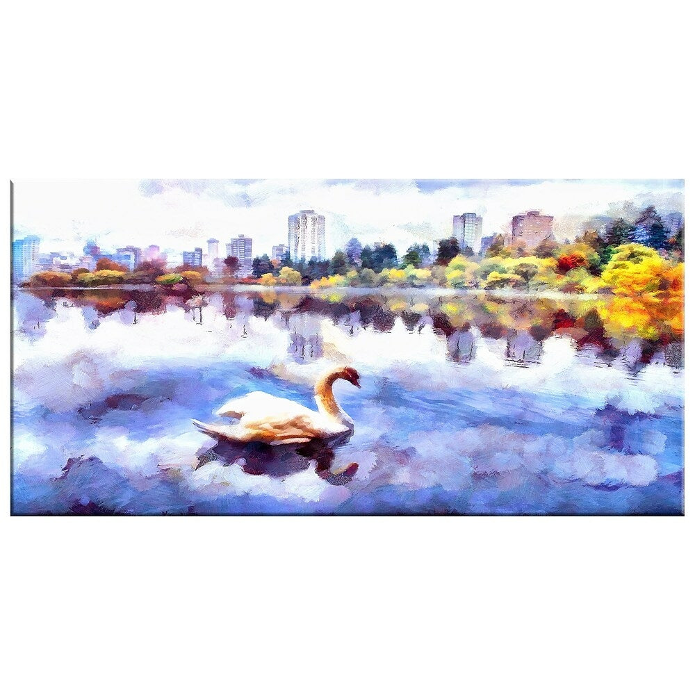 Image of Designart Swan Lake in the City Canvas Art Print, (PT2103-32-16)