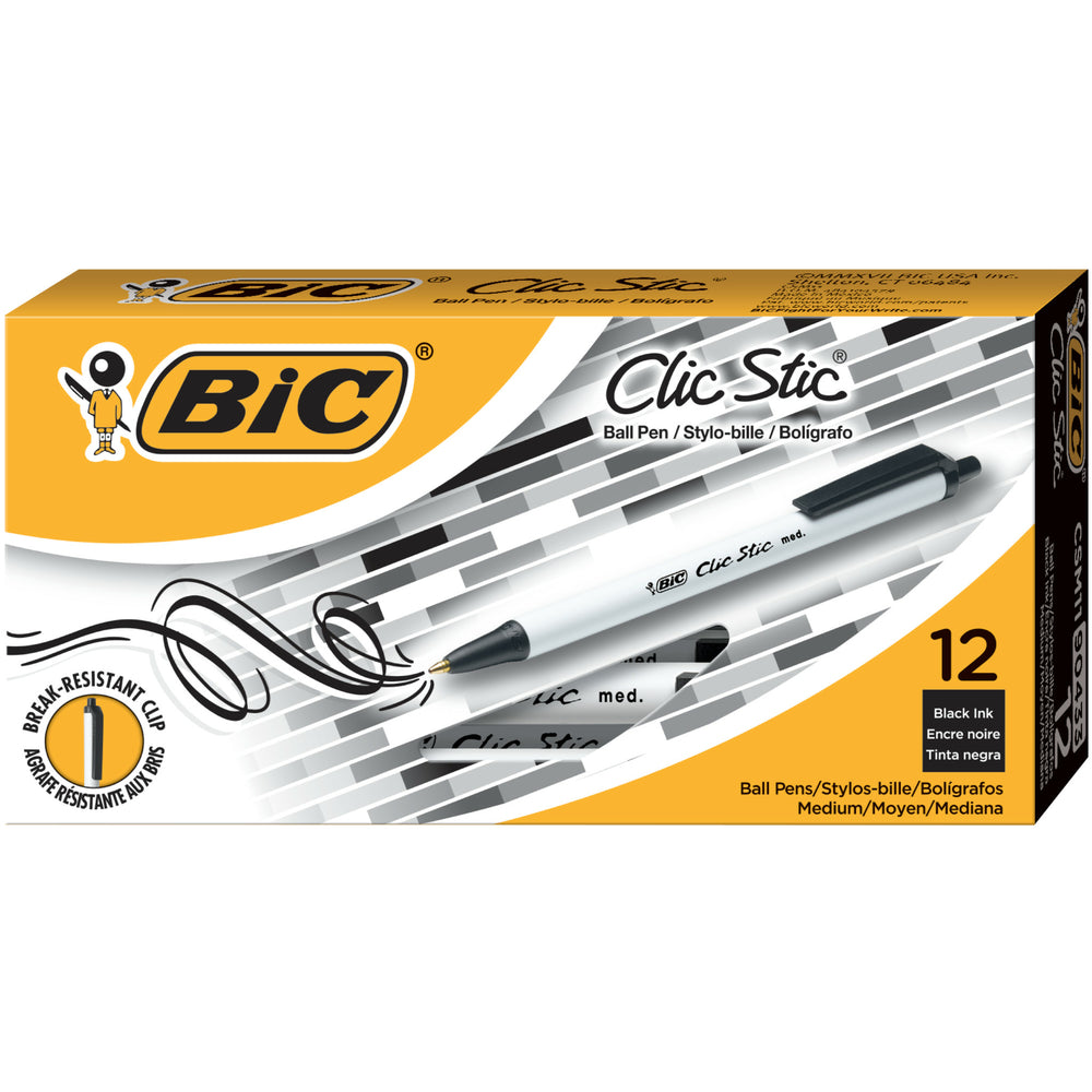 Image of BIC Clic Stic Ballpoint Pens, Retractable, 1.0mm, Black, 12 Pack