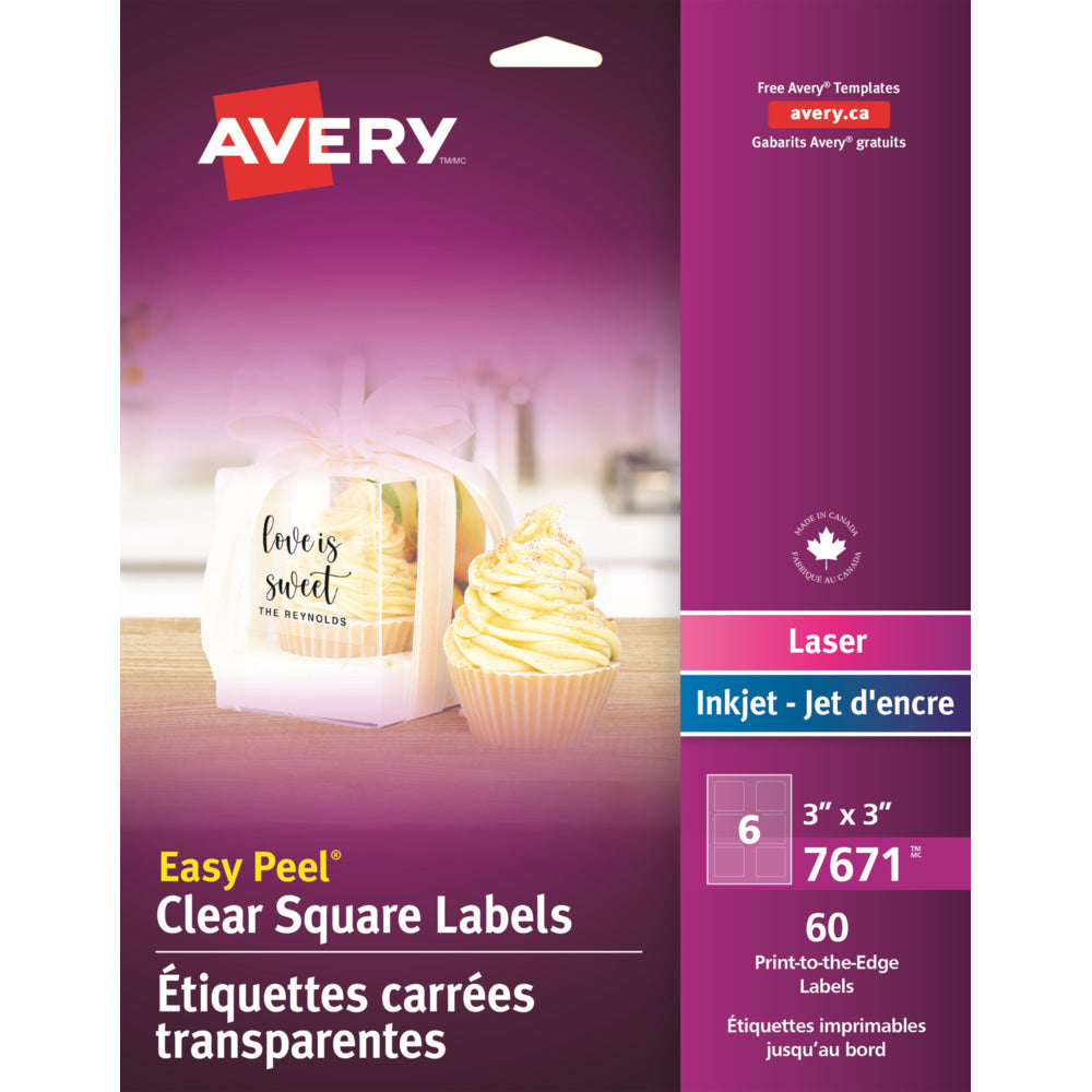 Image of Avery Easy Peel Square Labels - 3" x 3" - Clear - 60 Labels, 60 Pack