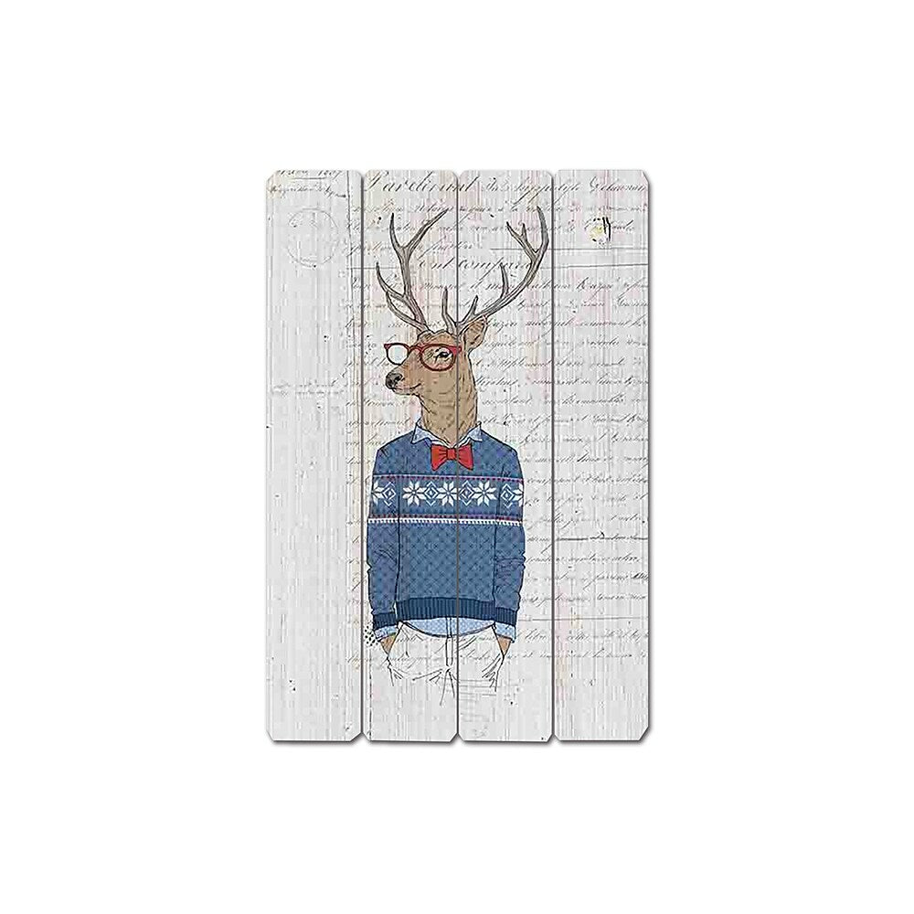 Image of Sign-A-Tology Aqua Sweater Funky Deer (Newspaper) Wooden Sign - 24" x 16"