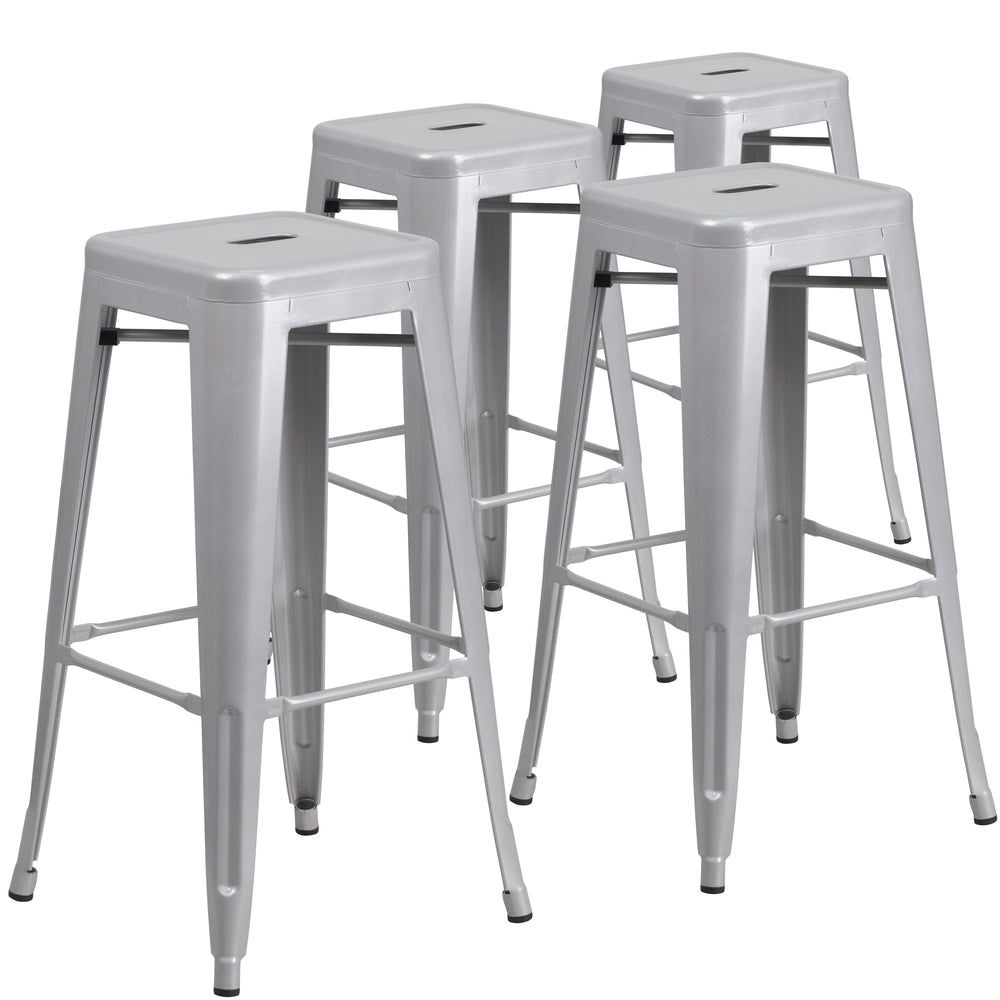 Image of Flash Furniture Commercial Grade 30" High Backless Silver Metal Indoor-Outdoor Barstool with Square Seat, 4 Pack