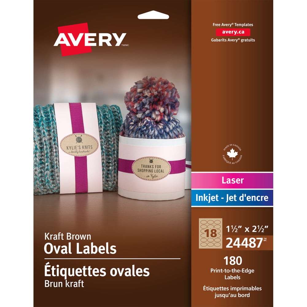 Image of Avery Print to the Edge Kraft Brown Oval Labels, 1-1/2" x 2-1/2", 180 Pack (24487)