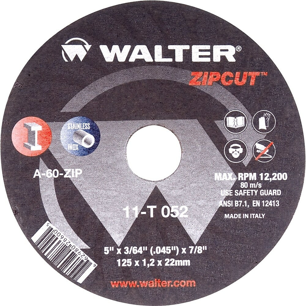 Image of Walter Surface Technologies Zipcut Cut-Off Wheel, 5" x 3/64", 7/8" Arbor, Type 1, 12200 Rpm - 12 Pack