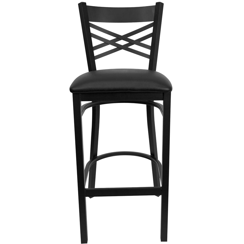 Image of Flash Furniture HERCULES Series Black "X" Back Metal Restaurant Barstool - Black Vinyl Seat