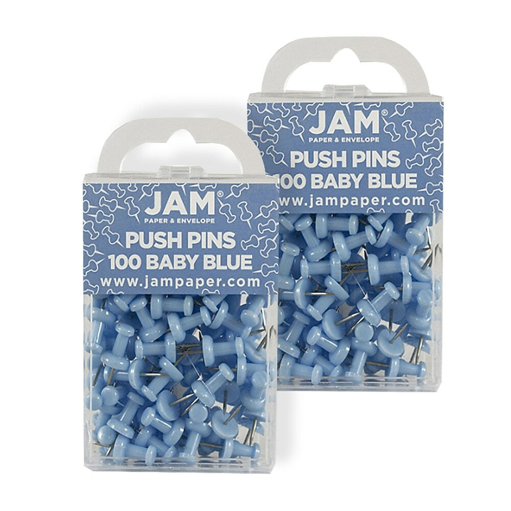 Image of JAM Paper Push Pins, Baby Blue Pushpins, 2 Packs of 100, 200 Total (222419047a)