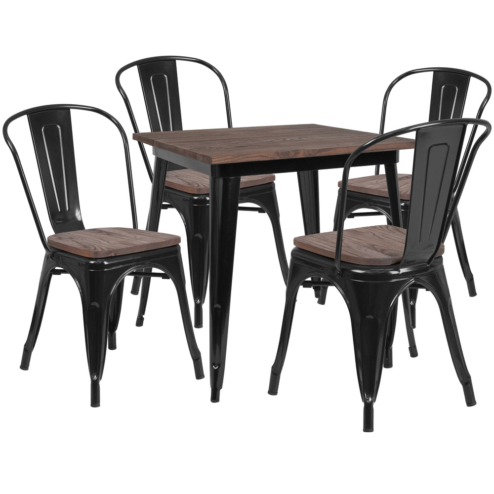 Image of Flash Furniture 31.5" Square Black Wood Top Metal Table Set and 4 Stack Chairs